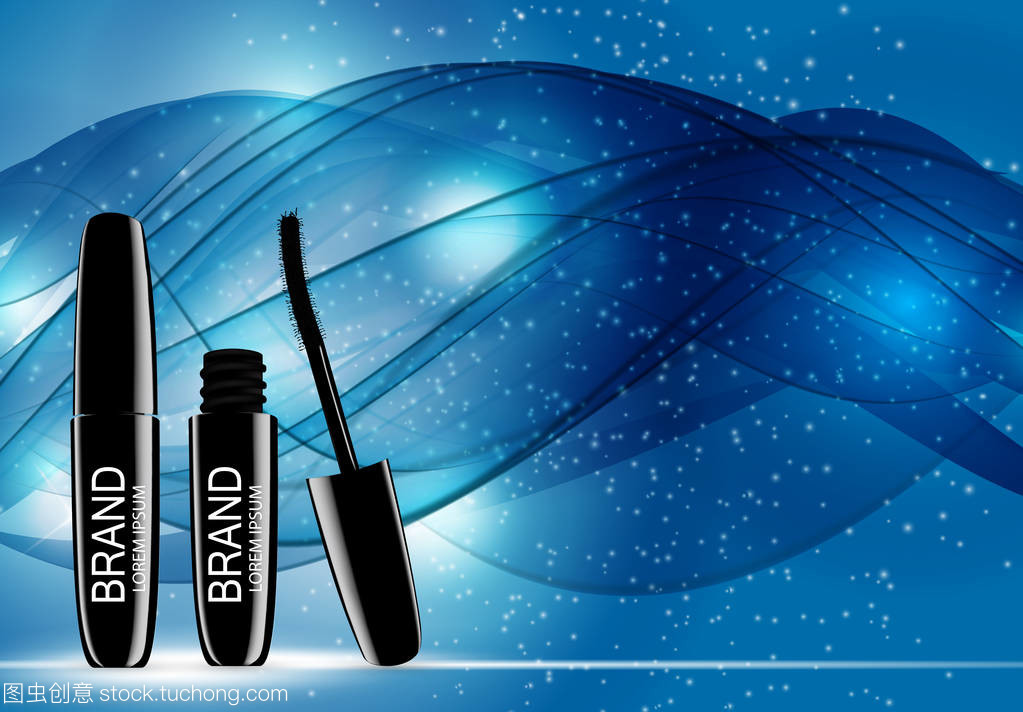 時裝設(shè)計化妝品產(chǎn)品模板的廣告或雜志背景。睫毛膏產(chǎn)品系列 Reportv 3d 逼真矢量 Iillustration